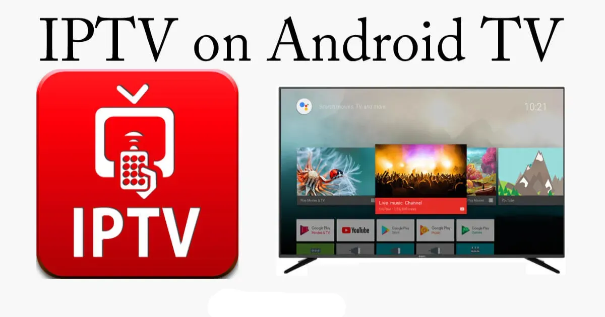 Android TV home screen with a remote control in the foreground