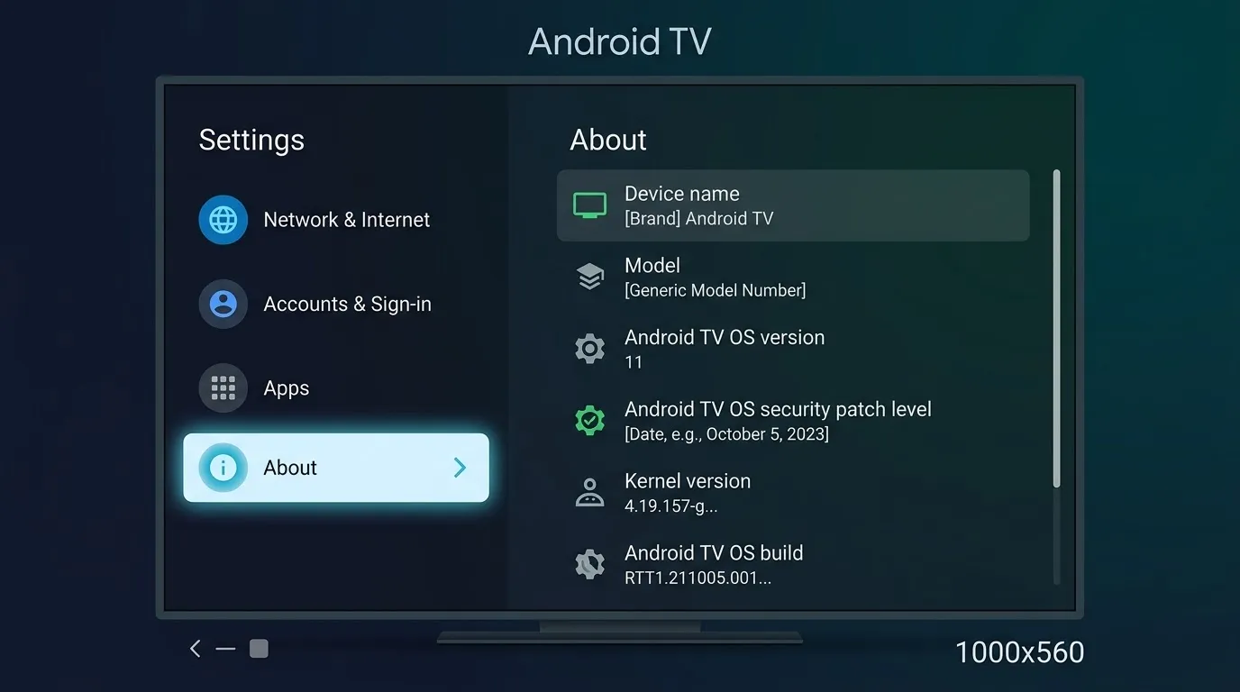 Android TV system settings with the About page open