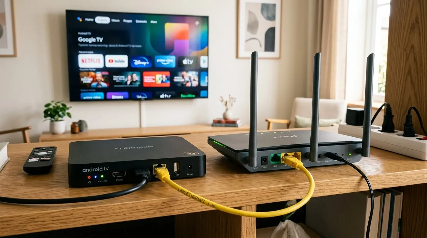Android TV box connected to a router with an Ethernet cable