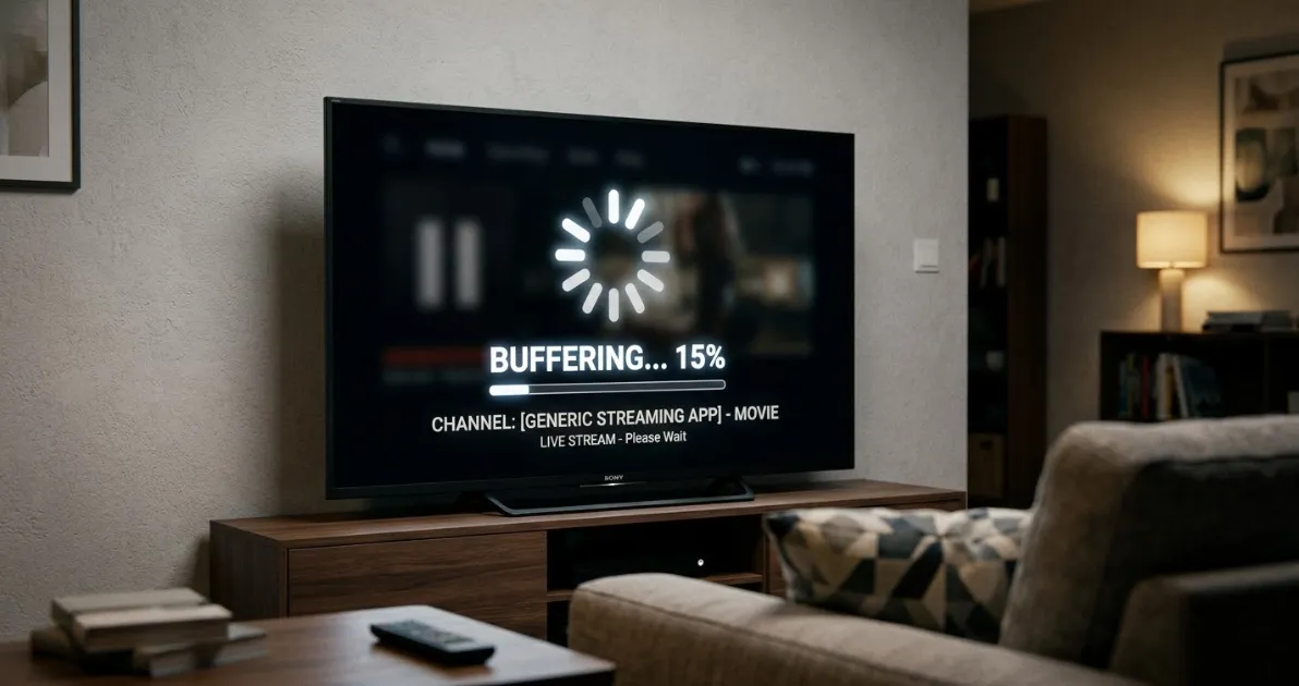 TV screen showing a loading spinner while a channel buffers