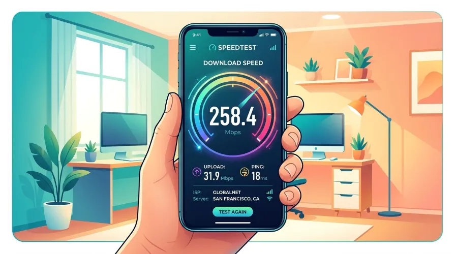Internet speed test result on a phone showing download speed in Mbps