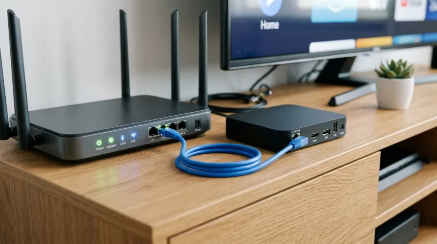 Router connected to a streaming box with an Ethernet cable