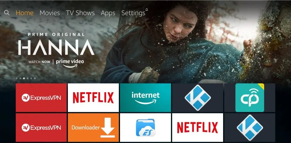 Fire TV home screen with the Settings menu highlighted