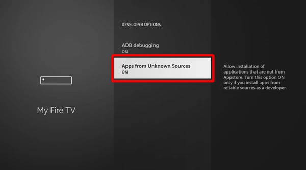 Fire TV Developer Options screen showing the install unknown apps setting