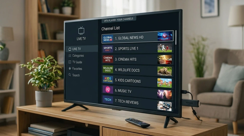 IPTV player channel list playing on a TV connected to a Firestick