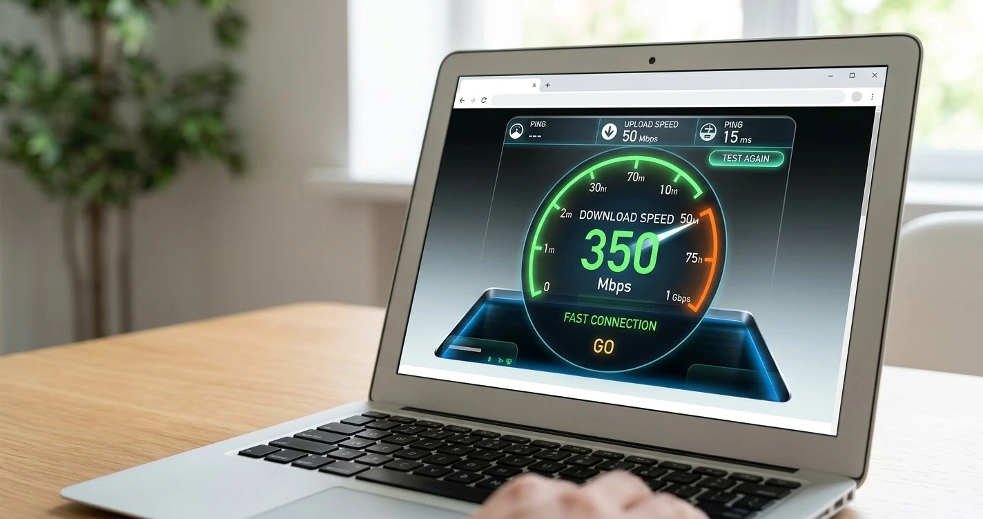 Internet speed test gauge showing download speed on a laptop