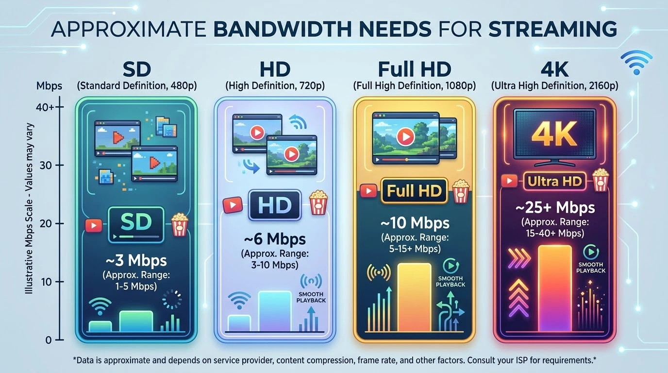 Chart comparing approximate bandwidth needs for SD, HD, Full HD and 4K streams