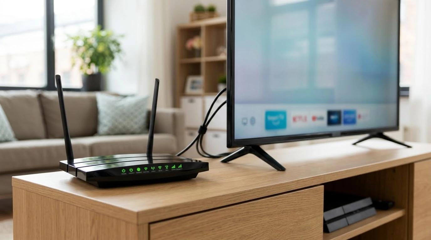 Wi-Fi router with signal indicator lights beside a television