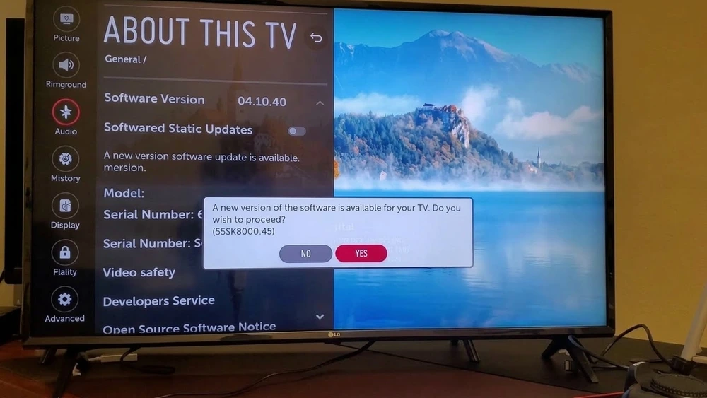 LG webOS About This TV screen showing the software version