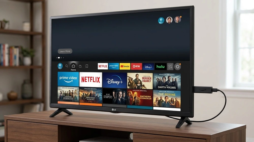 Streaming stick connected to an HDMI port on the back of an LG TV