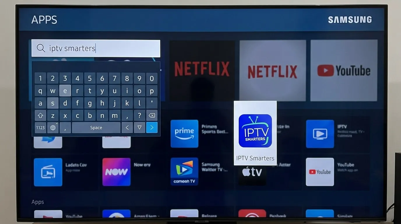 Samsung Apps store with the search box open and an IPTV player listed