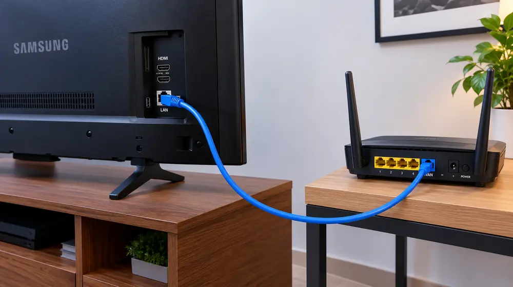 Samsung TV connected to a home router with an Ethernet cable