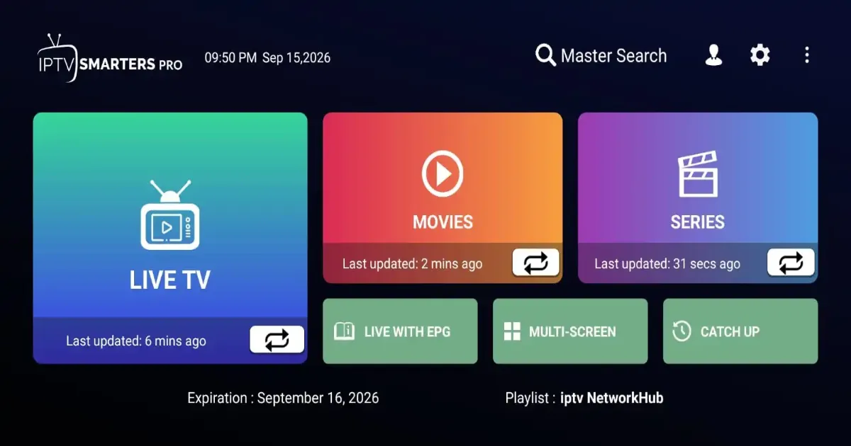 IPTV Smarters home screen with Live TV, Movies and Series tiles
