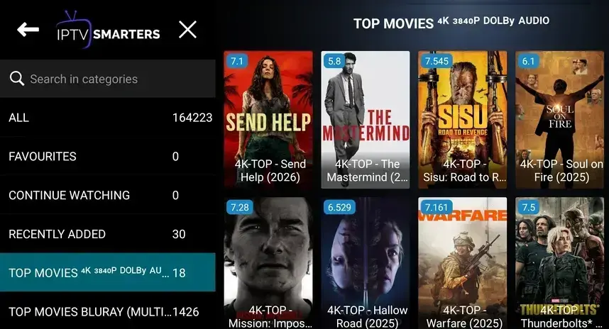 IPTV Smarters channel list with categories on the left and a preview window