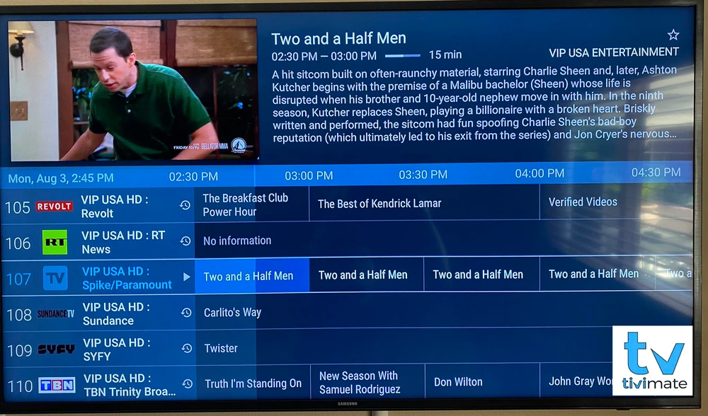 TiviMate channel list and programme guide on a television