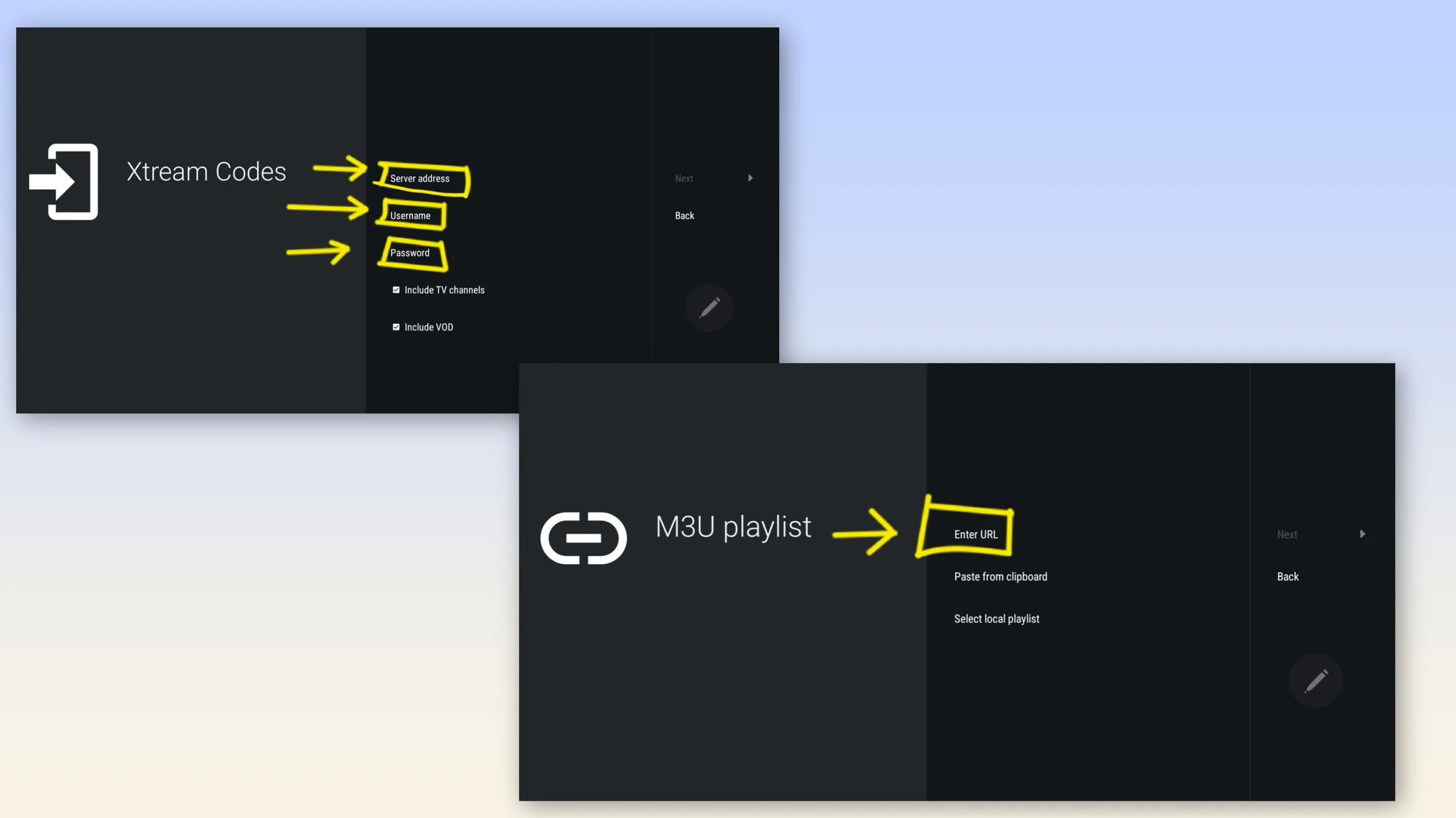 TiviMate add playlist screen offering M3U playlist and Xtream codes options