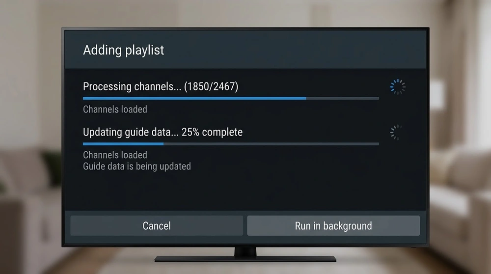 TiviMate playlist import screen with channels and guide data loading