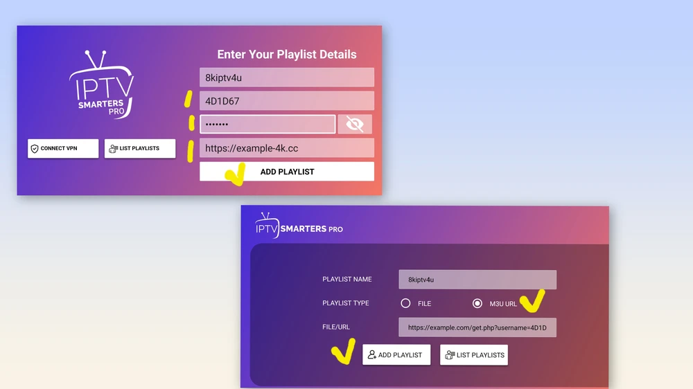 Side-by-side comparison of an M3U link field and Xtream login fields in a player