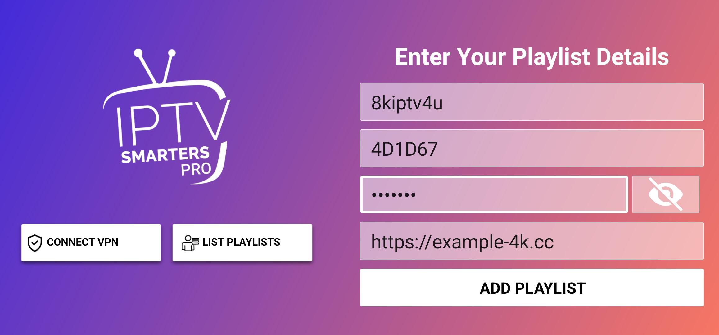 Player add playlist screen with a URL field filled in